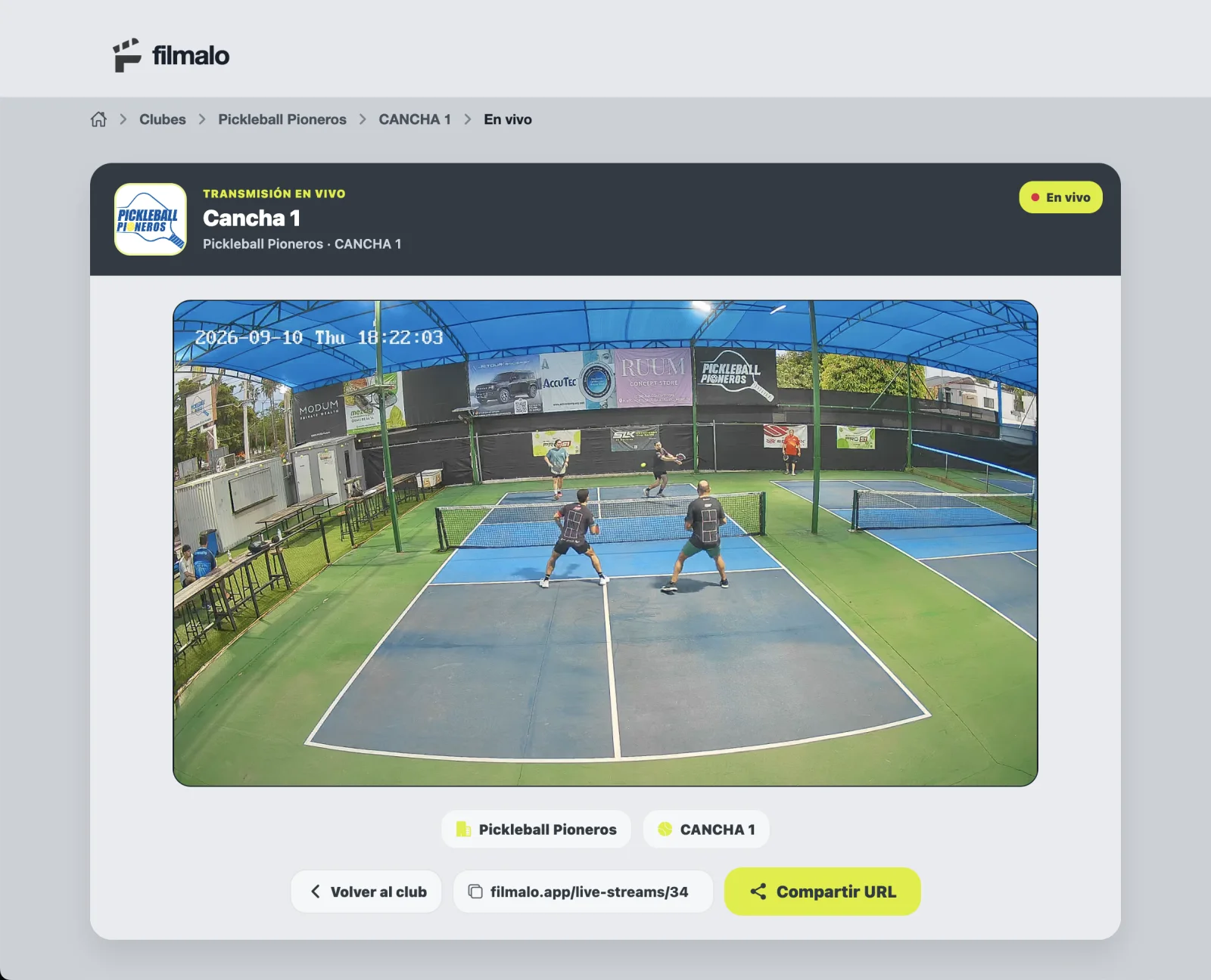 Transmisión de una cancha de Pickleball Pioneros en Filmalo