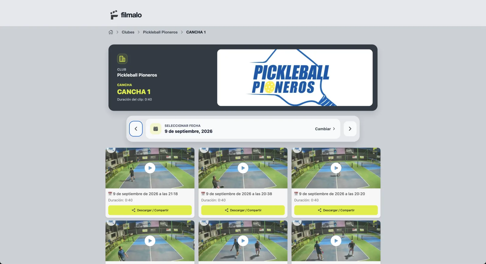 Galería de clips de una cancha en la aplicación de Filmalo